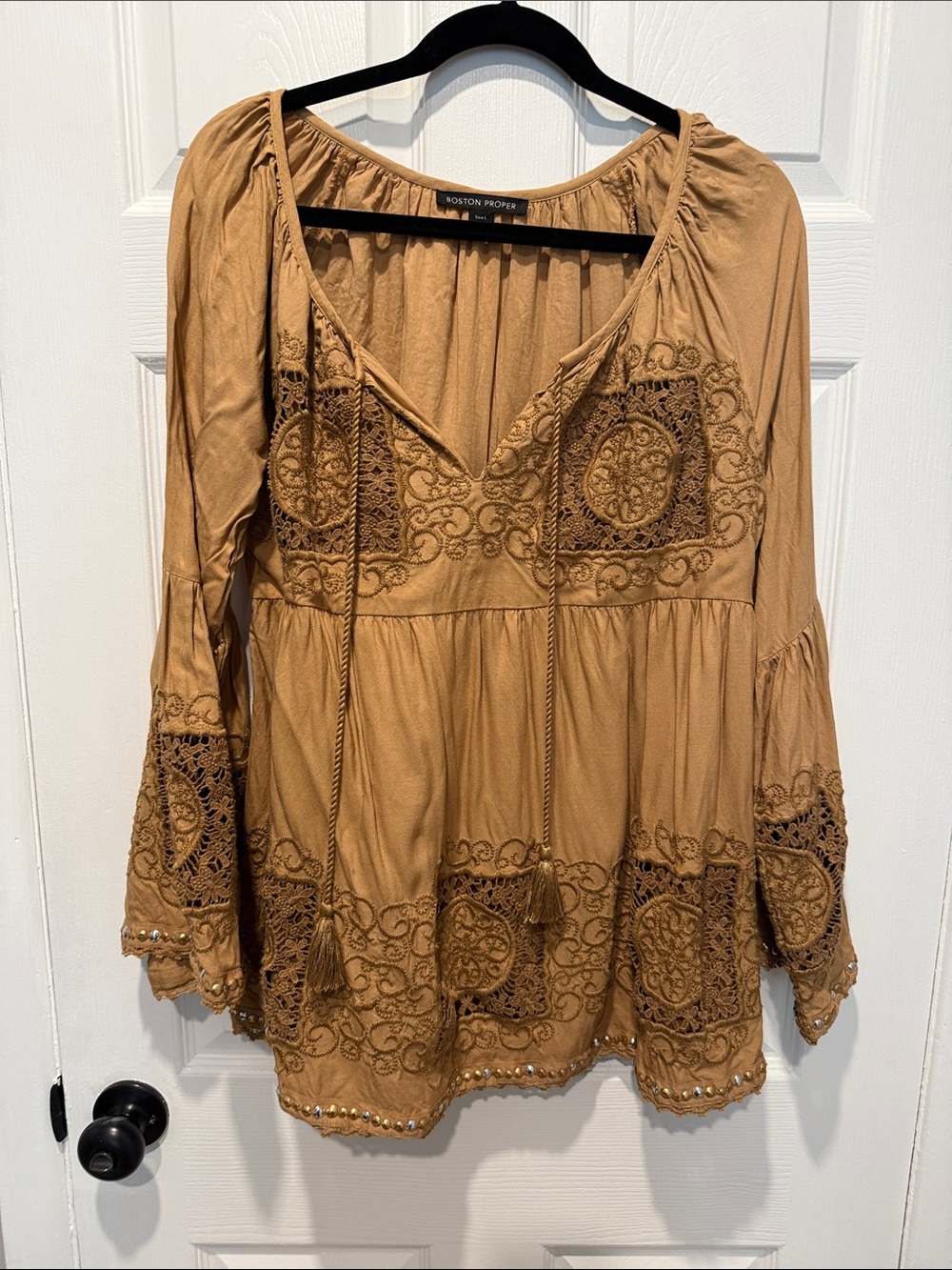 Boston Proper Mustard Tan Embroidered Boho Peasant Top